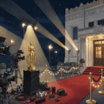 Illustration of a film awards red carpet with a golden statuette and cinema cameras, for the Saoirse Ronan story.