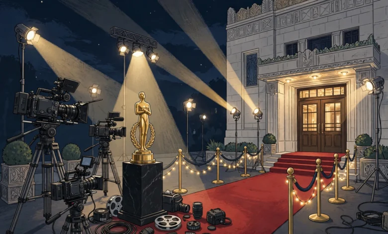 Illustration of a film awards red carpet with a golden statuette and cinema cameras, for the Saoirse Ronan story.