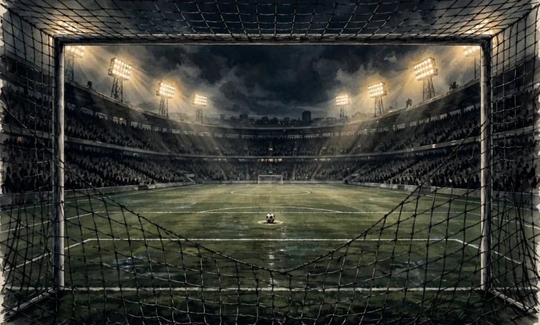 Floodlit football stadium at night during a penalty shootout in the Fleetwood Arsenal Carabao Cup tie