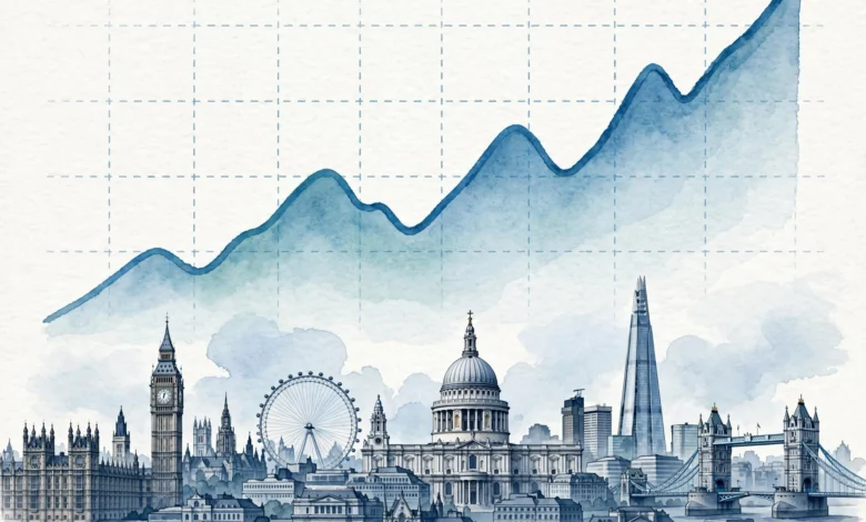 A rising stock market chart above the London skyline