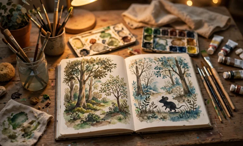 A children's book illustrator's desk with watercolour paints, brushes and an open sketchbook showing a woodland scene, a generic illustration