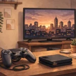 A gaming console beside a television in a living room, illustrating storage space needed for a large game download