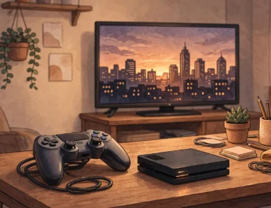 A gaming console beside a television in a living room, illustrating storage space needed for a large game download