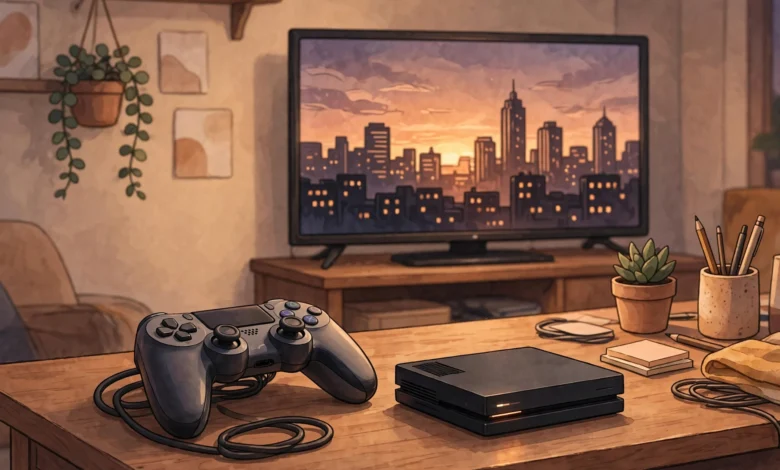 A gaming console beside a television in a living room, illustrating storage space needed for a large game download