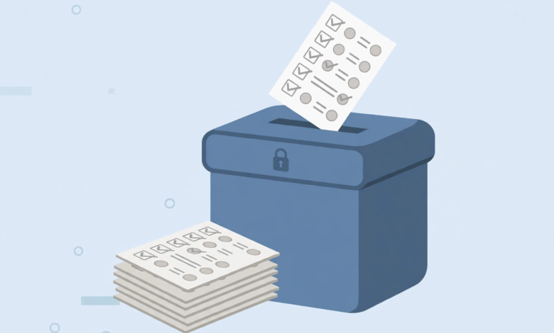 A blue ballot box with a marked ballot paper being placed into it, surrounded by voting papers, illustrating an election.
