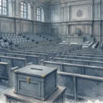 A parliament chamber with rows of empty seats and a ballot box in the foreground