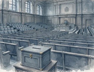 A parliament chamber with rows of empty seats and a ballot box in the foreground