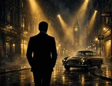 A tuxedo-clad spy silhouette against a London skyline at night, evoking the search for the next James Bond.
