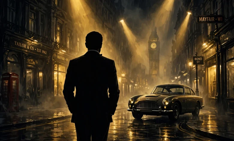 A tuxedo-clad spy silhouette against a London skyline at night, evoking the search for the next James Bond.