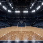 An empty professional basketball court under bright arena lights, a generic illustration for Lakers vs Warriors