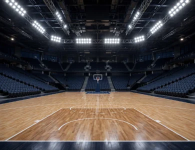 An empty professional basketball court under bright arena lights, a generic illustration for Lakers vs Warriors