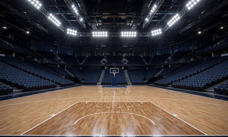 An empty professional basketball court under bright arena lights, a generic illustration for Lakers vs Warriors