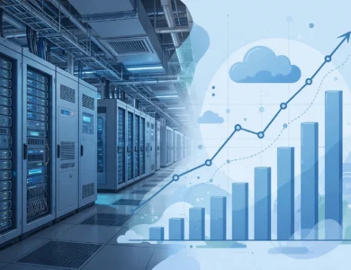 A data centre corridor beside a rising cloud revenue chart