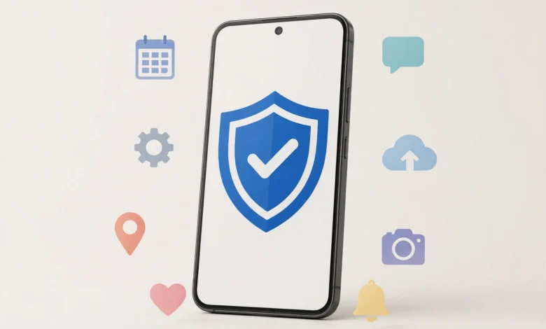 A smartphone showing a shield and checkmark symbol for an age check
