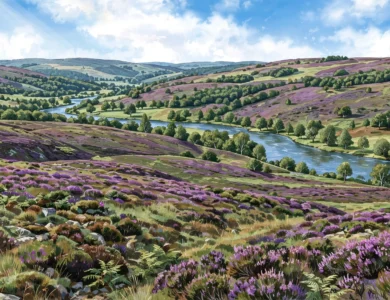 Rolling moorland with heather, woodland and a river valley in Northumberland, a generic landscape illustration.