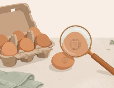 A carton of brown eggs with a magnifying glass checking the code stamped on an eggshell