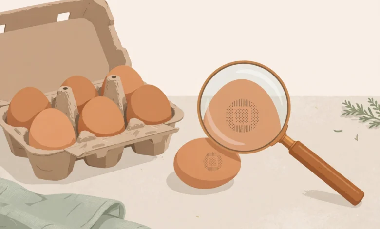 A carton of brown eggs with a magnifying glass checking the code stamped on an eggshell