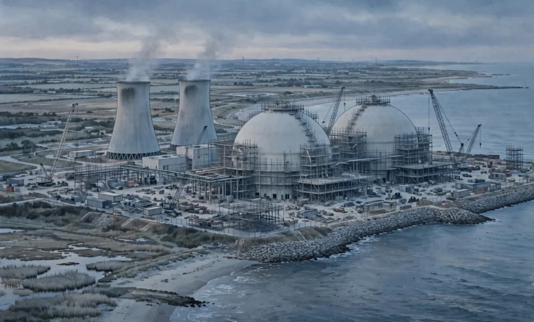 A coastal nuclear power station under construction beside the sea in Suffolk at dusk.