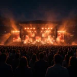 A large stadium stage lit in warm colours in front of a crowd, a generic concert illustration