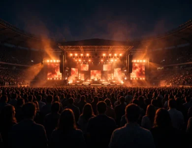 A large stadium stage lit in warm colours in front of a crowd, a generic concert illustration