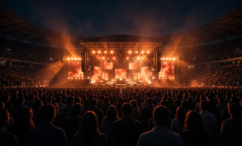 A large stadium stage lit in warm colours in front of a crowd, a generic concert illustration