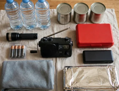 A household emergency kit with bottled water, tinned food, a torch, batteries, a wind-up radio and a first-aid kit on a table