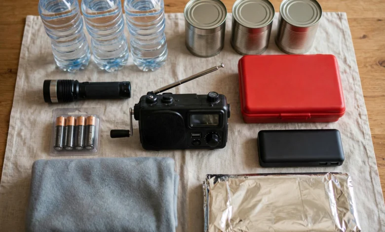 A household emergency kit with bottled water, tinned food, a torch, batteries, a wind-up radio and a first-aid kit on a table