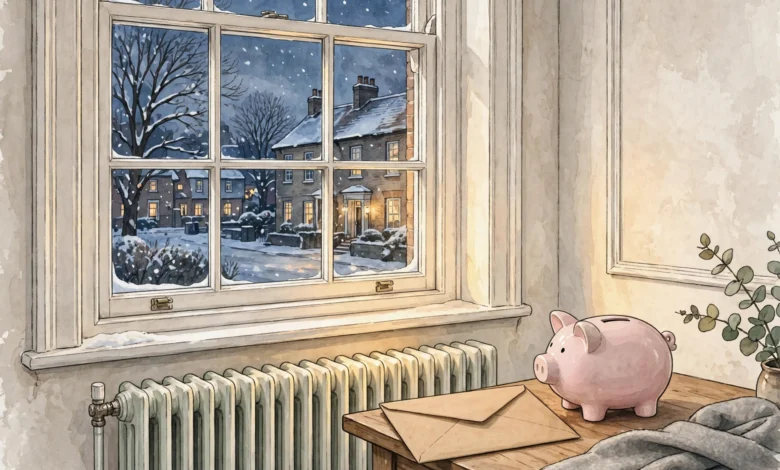 A warmly lit British home in winter beside an energy bill and piggy bank