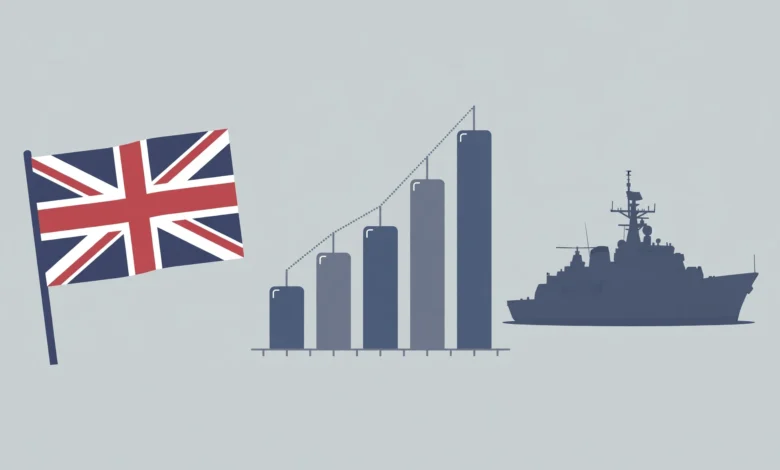 British flag beside a rising defence spending chart