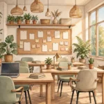A modern office interior with desks, chairs and a noticeboard, a generic illustration