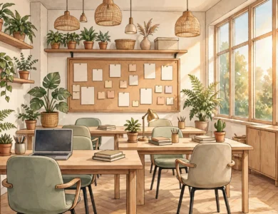 A modern office interior with desks, chairs and a noticeboard, a generic illustration