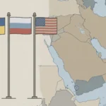 Flags of Ukraine, Russia and the United States beside a map marking Abu Dhabi