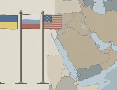 Flags of Ukraine, Russia and the United States beside a map marking Abu Dhabi