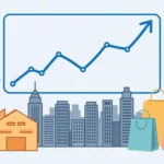 A rising chart above a US city skyline beside a factory and shopping bags, symbolising economic growth