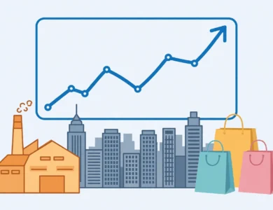 A rising chart above a US city skyline beside a factory and shopping bags, symbolising economic growth