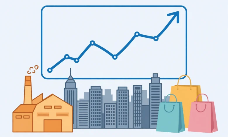 A rising chart above a US city skyline beside a factory and shopping bags, symbolising economic growth